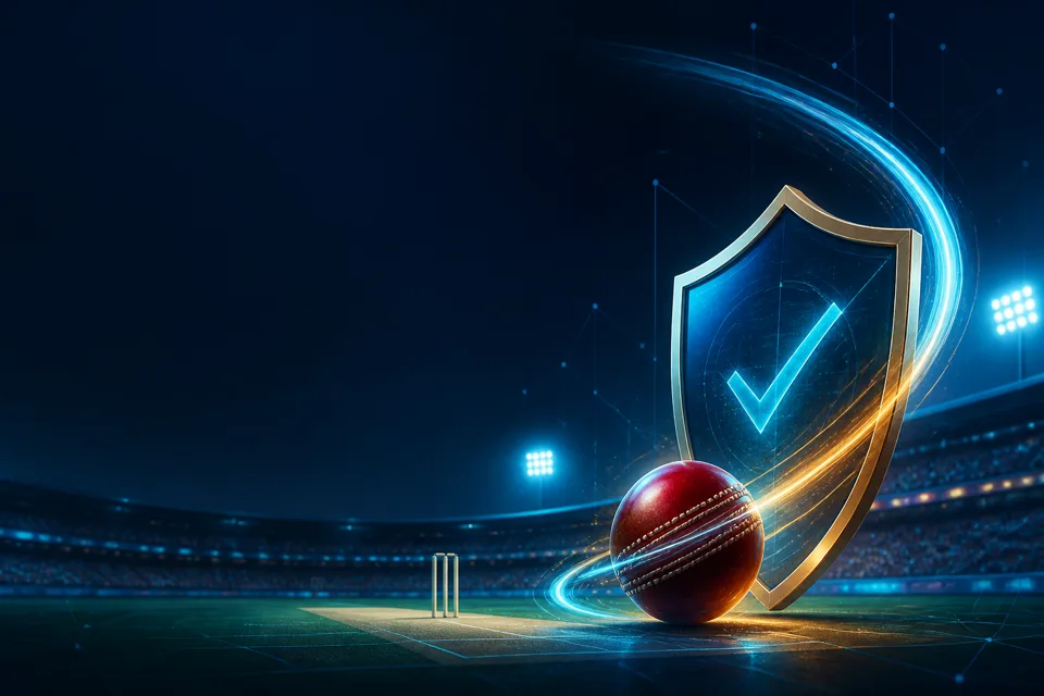 Cricket ball and verification shield in a floodlit stadium